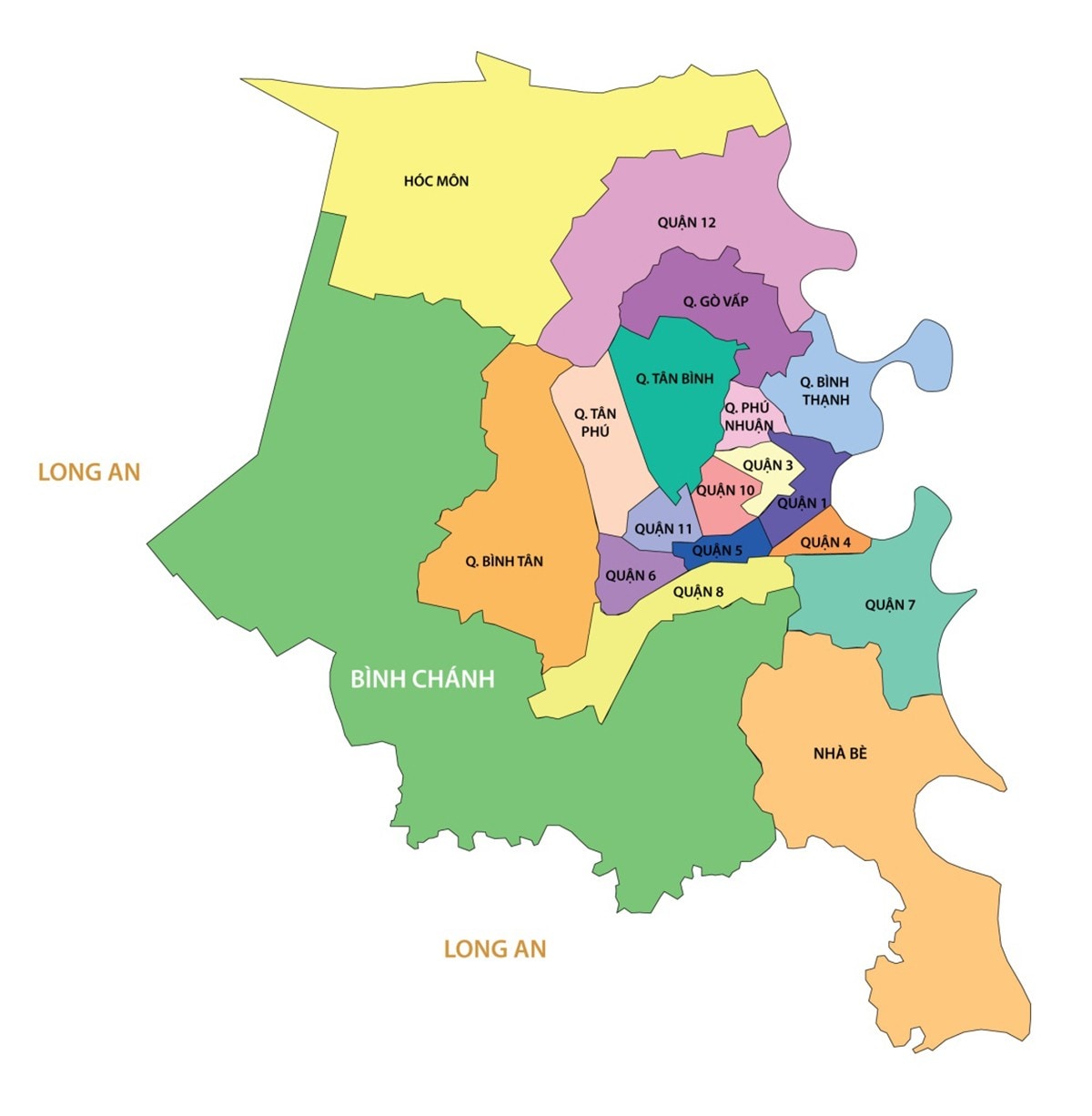 District 4 is uniquely bounded by District 1 to the north, District 7 to the south, and District 2 and District 8 across the surrounding rivers and canals